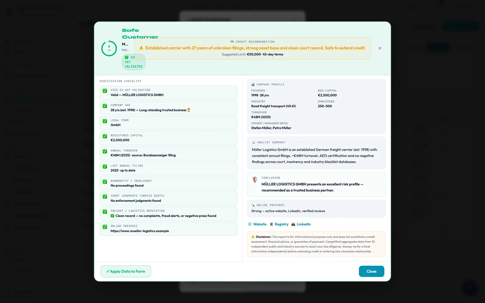 CargoMind customer credit check — verification checklist and risk score