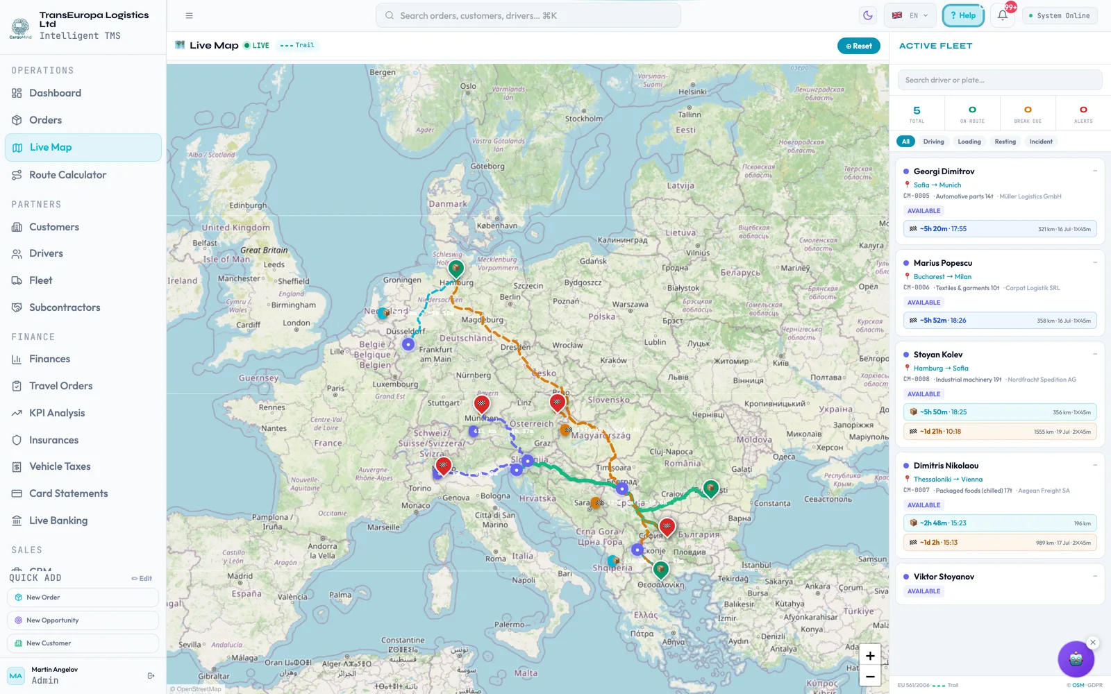 CargoMind live map — trucks across Europe with routes and ETAs